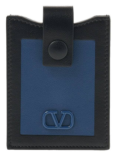 V Logo Signature Leather Card Wallet Black Navy - VALENTINO - BALAAN 2