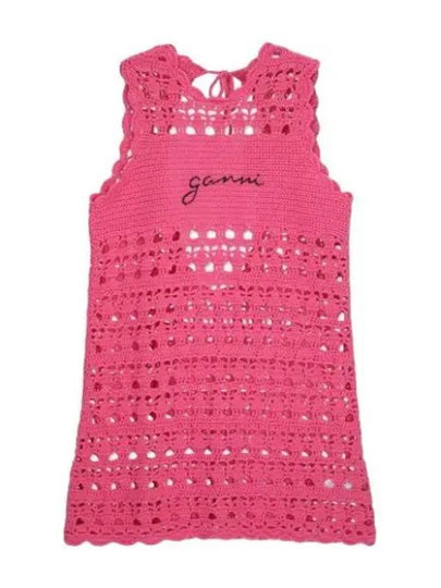 Women's Logo Open Crochet Backless Tunic Short Dress Pink - GANNI - BALAAN 2