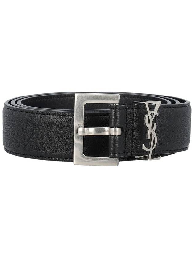 Silver Hardware Monogram Buckle Leather Belt Black - SAINT LAURENT - BALAAN 2