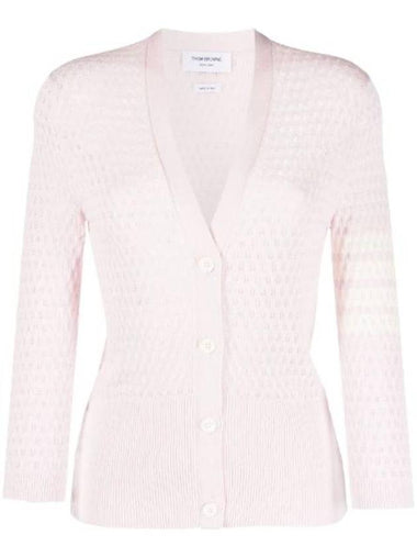 4 Bar Pointelle V Neck Cardigan Light Pink - THOM BROWNE - BALAAN 1