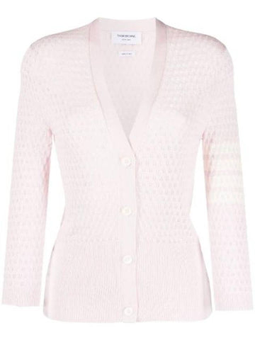 4 Bar Pointelle V Neck Cardigan Light Pink - THOM BROWNE - BALAAN 1