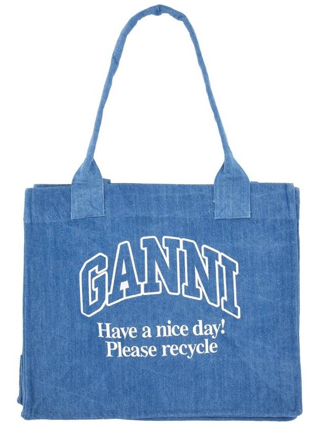 Embroidered Logo Large Denim Tote Bag Blue - GANNI - BALAAN 3