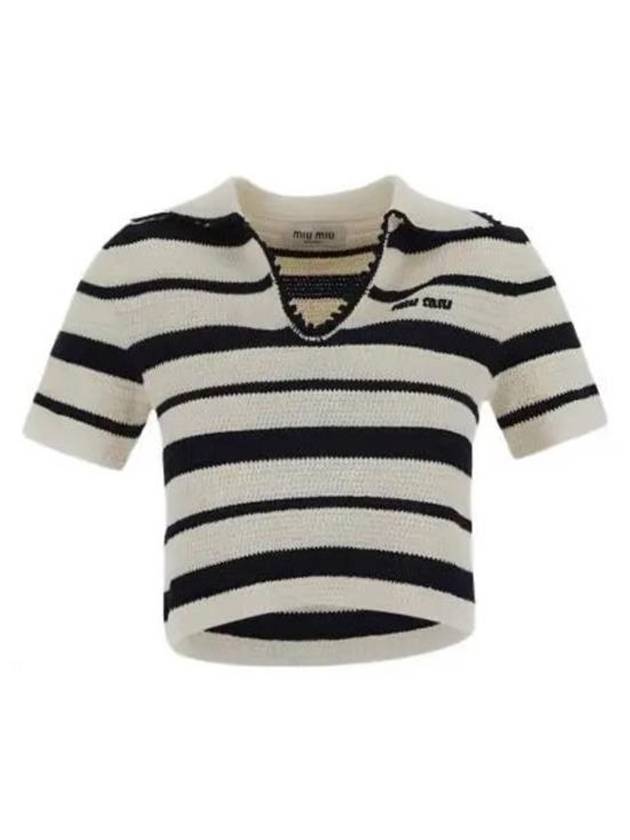 Logo Open Collar Striped Short Sleeve Knit Top White Blue - MIU MIU - BALAAN 2