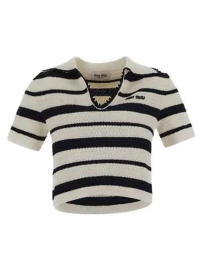 Logo Open Collar Striped Short Sleeve Knit Top White Blue - MIU MIU - BALAAN 2