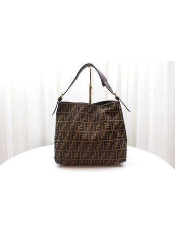 FF logo jacquard leather trimming hobo shoulder bag brown 8BR698 - FENDI - BALAAN 1