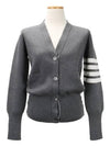 Milano Stitch 4 Bar Classic V Neck Fine Merino Wool Cardigan Medium Grey - THOM BROWNE - BALAAN 2