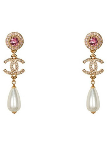 Gold Pink CC Crystal Pearl Drop Earrings ABA064 - CHANEL - BALAAN 1