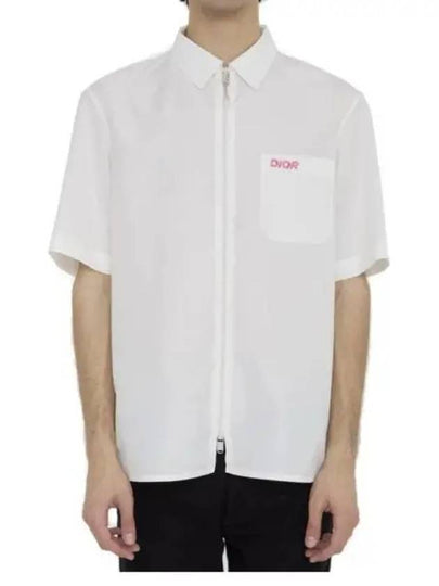 Embroidered Logo Patch Zipper Short Sleeve Shirt White - DIOR - BALAAN 2