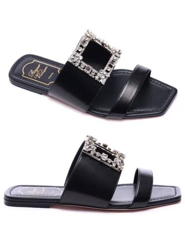 Broche Buckle Leather Flat Slippers Black - ROGER VIVIER - BALAAN 2