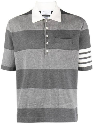 4 Bar Stripe Knit Polo Shirt Grey - THOM BROWNE - BALAAN 1