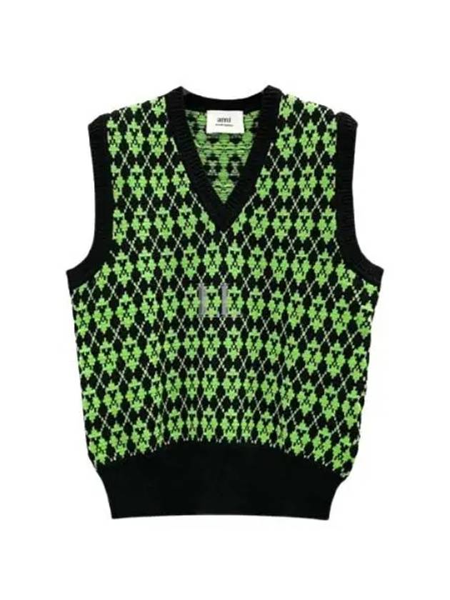 Wool Jacquard V-neck Knit Vest Green - AMI - BALAAN 2