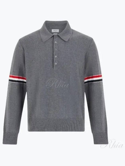 Striped Virgin Wool Long Sleeve Polo Shirt Grey - THOM BROWNE - BALAAN 2