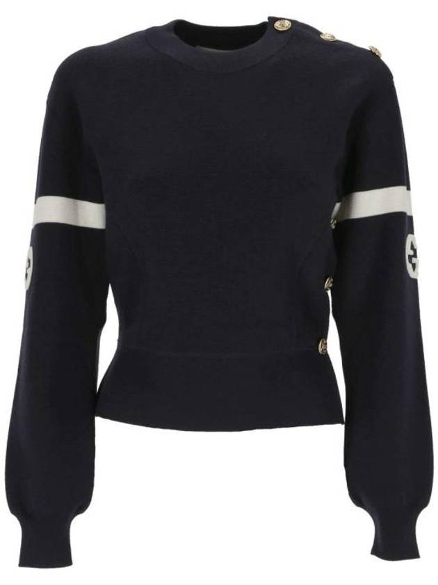 Logo Wool Long Sleeve T-Shirt Navy - GUCCI - BALAAN 1