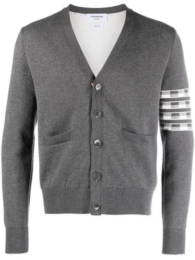 4-Bar V-Neck Hector Jacquard Cotton Cardigan Grey - THOM BROWNE - BALAAN 2