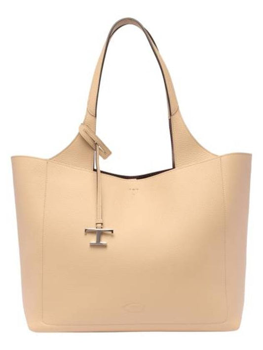 Logo Charm Medium Leather Shopper Tote Bag Beige - TOD'S - BALAAN 1