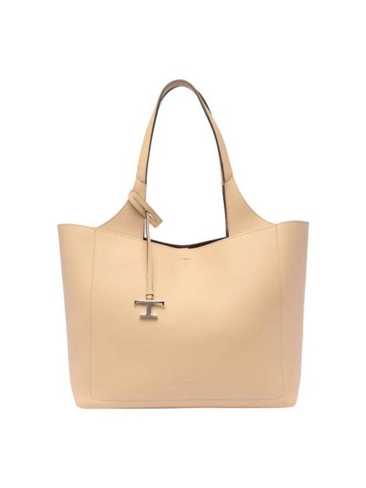 Logo Charm Medium Leather Shopper Tote Bag Beige - TOD'S - BALAAN 1