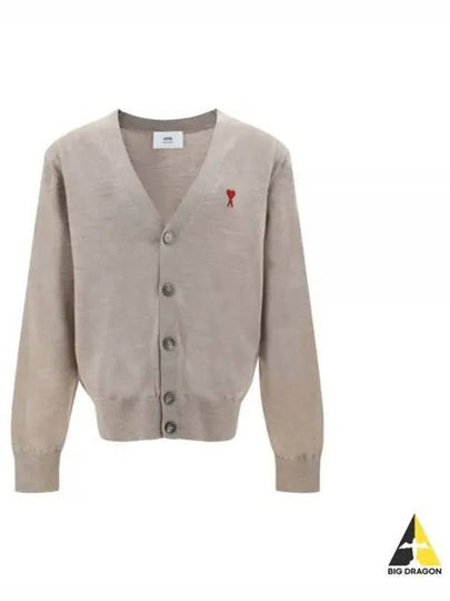 Red Heart Logo Merino Wool Cardigan Beige - AMI - BALAAN 2