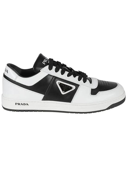 Men's Downtown Triangle Logo Leather Low Top Sneakers Black White - PRADA - BALAAN 2