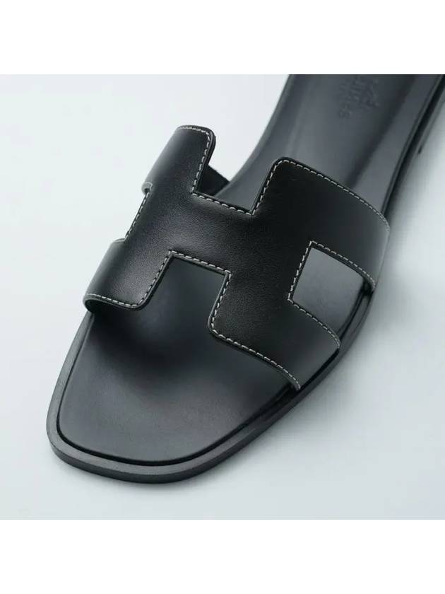 Oran Calfskin Slippers Noir Piqures Ecrues Black - HERMES - BALAAN 8