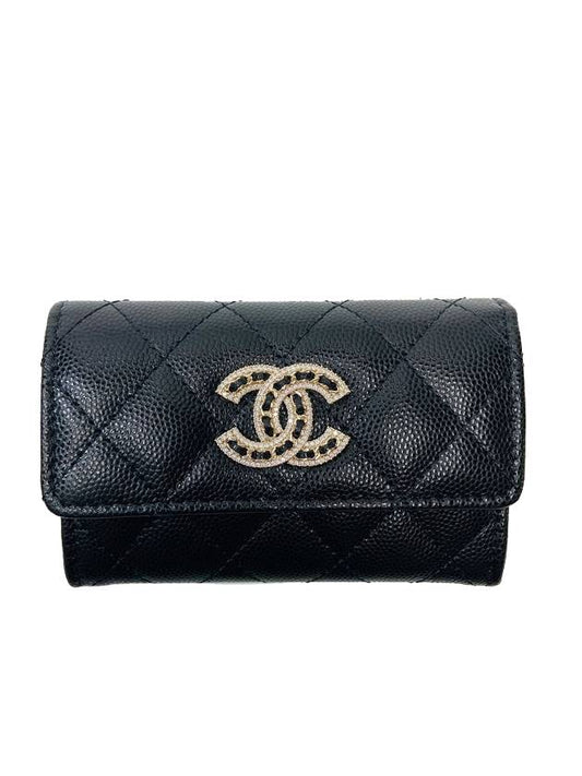 Classic CC Cubic Logo Caviar Flap Card Wallet Black - CHANEL - BALAAN.
