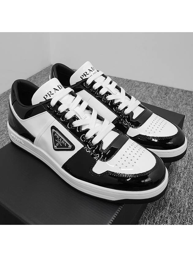 Men's Downtown Triangle Logo Leather Low Top Sneakers White Black - PRADA - BALAAN 3