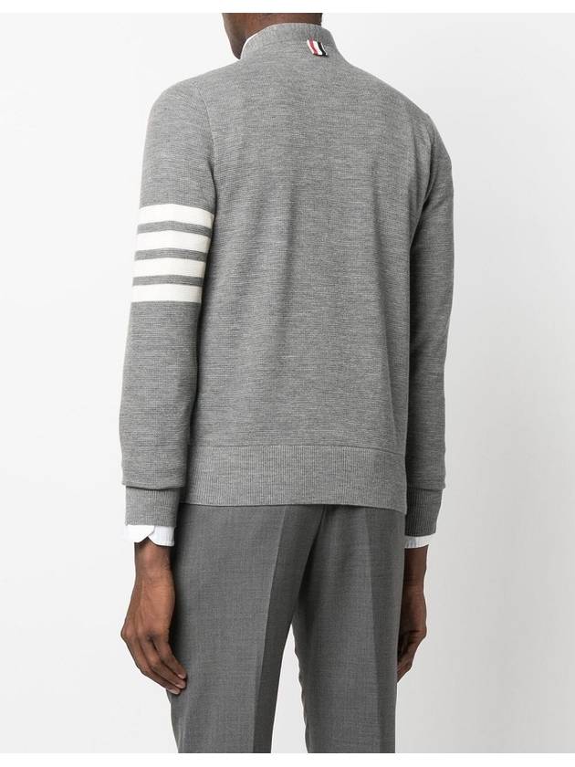 4-Bar Striped Waffle High V-Neck Cardigan Light Grey - THOM BROWNE - BALAAN 4