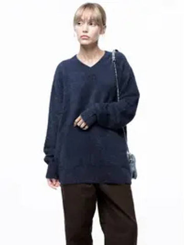 Women's Soft Mohair Angora V Neck Knit Navy - CHANCE'S NOI - BALAAN 1