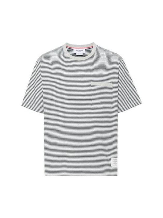 Striped Pocket Cotton Oversized Short Sleeve T-Shirt Blue - THOM BROWNE - BALAAN 1