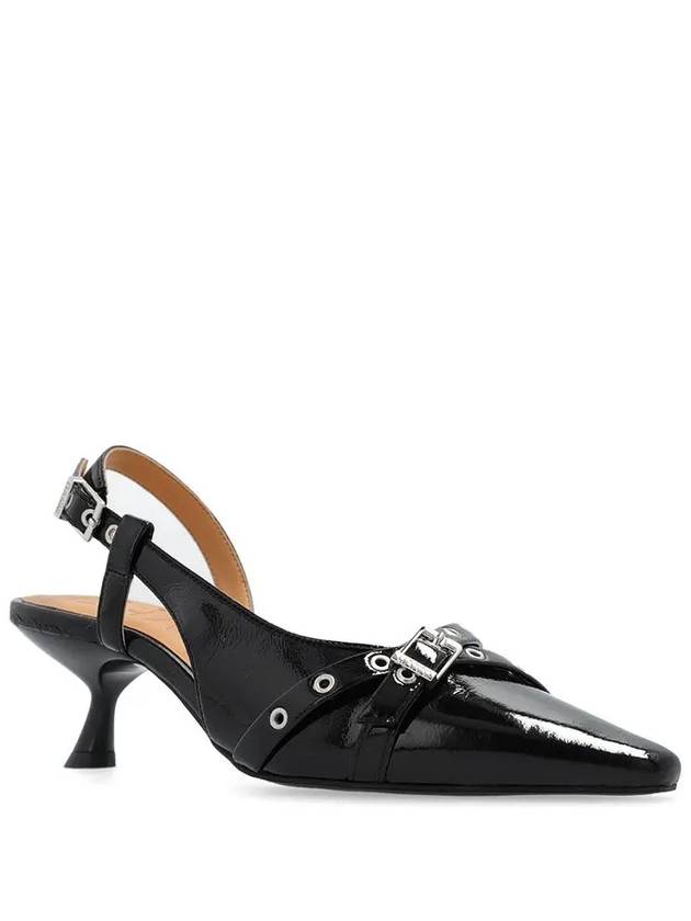 Buckle Detail Glossy Slingback Heel Black - GANNI - BALAAN 4