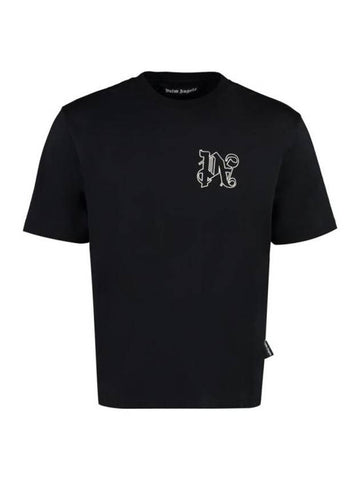 Men's Monogram Logo Print Short Sleeve T-Shirt Black - PALM ANGELS - BALAAN 1