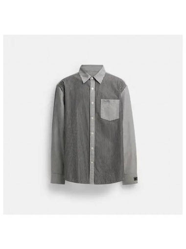 Button Down Striped Long Sleeve Shirt Grey - COACH - BALAAN 1