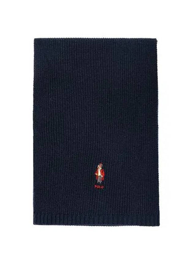 Teddy Bear Logo Embroidered Rib Wool Blend Muffler Navy - POLO RALPH LAUREN - BALAAN 1