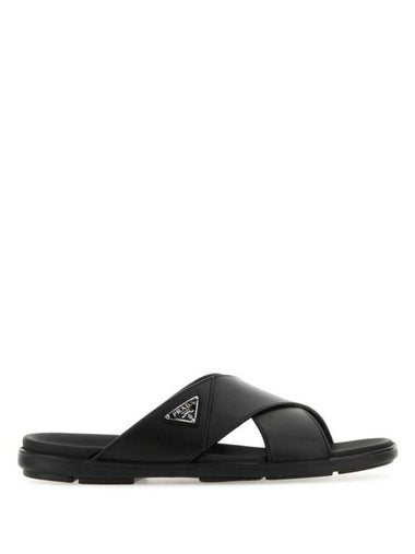 Crisscross Leather Slide Slippers Black - PRADA - BALAAN 1