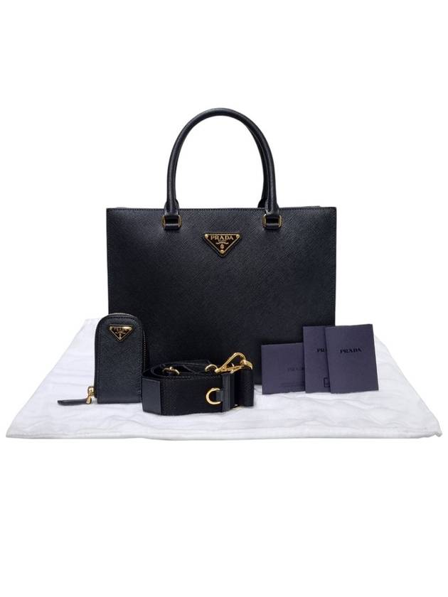 Women s 1BA337 Black Saffiano Gold Triangular Logo Medium Tote Bag Strap - PRADA - BALAAN 11