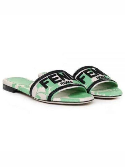 Rose Print Embroidered Logo Canvas Slide Slippers Green - FENDI - BALAAN 2