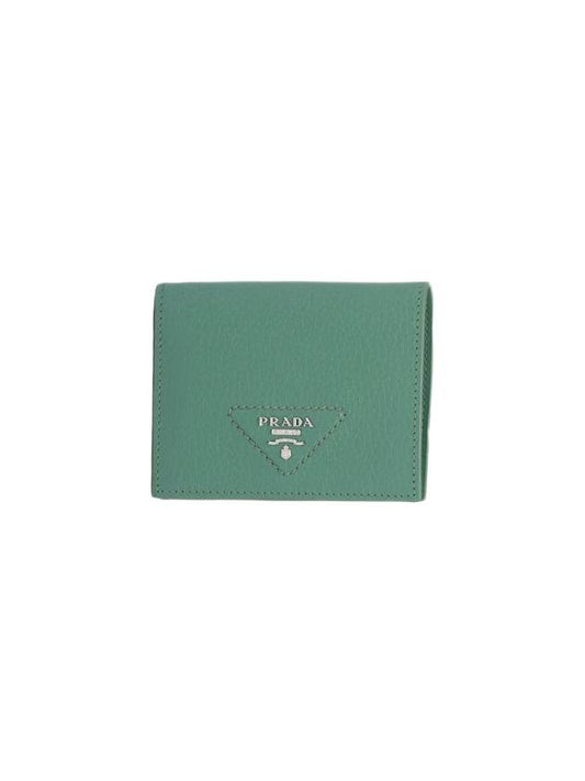 Triangle Logo Stitch Leather Half Wallet Sage Green - PRADA - BALAAN 1