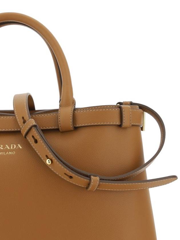 Double Belt Buckle Medium Leather Hand Tote Bag Camel - PRADA - BALAAN 5