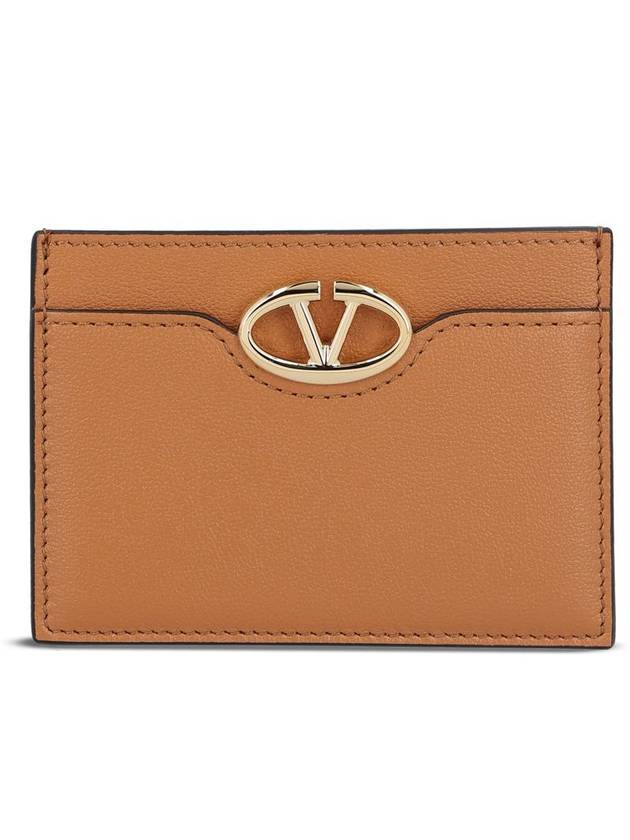 V Logo Signature Leather Card Wallet Brown - VALENTINO - BALAAN 1