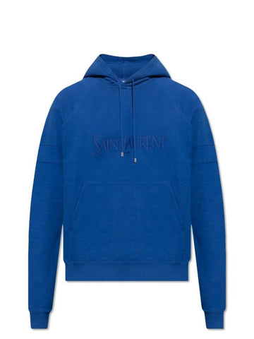 Embroidered Logo Hoodie Blue - SAINT LAURENT - BALAAN 1