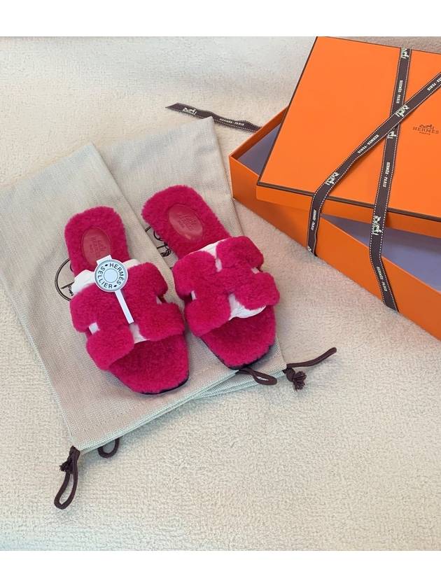 Oran Shearling Sandals Rose Fuchsia - HERMES - BALAAN.