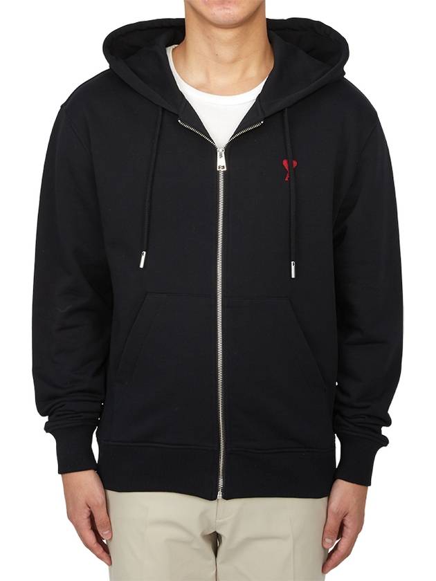 Heart Logo Drawstring Cotton Zip-Up Hoodie Black - AMI - BALAAN 3