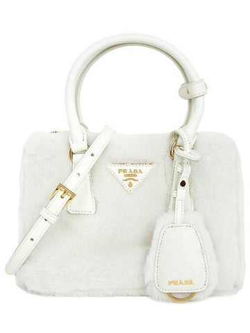 Galleria Shearling Mini Tote Bag White - PRADA - BALAAN 1