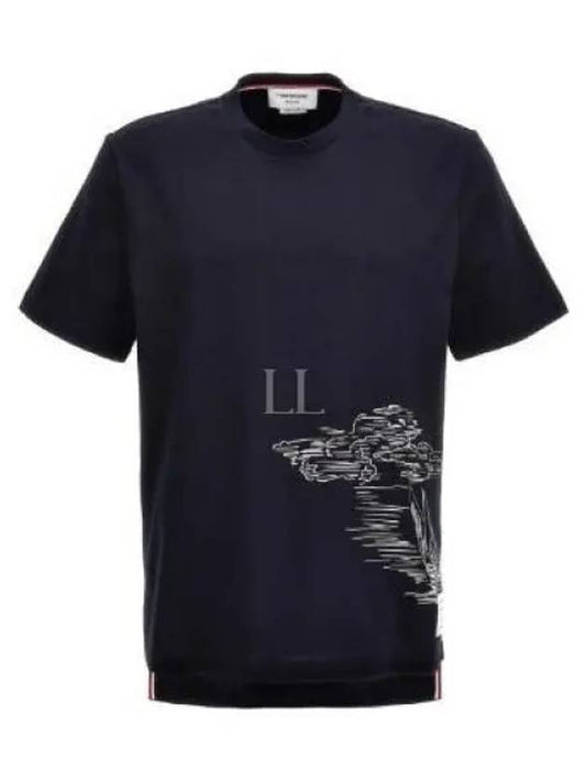 Printed Midweight Jersey Short Sleeve T-Shirt Navy - THOM BROWNE - BALAAN 2