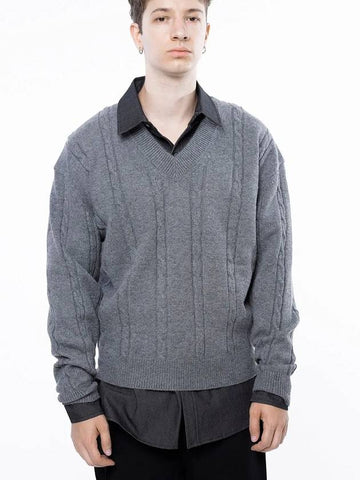 Men s M243TP07GR Dense Cable V neck Knit Gray - CHANCE'S NOI - BALAAN 1