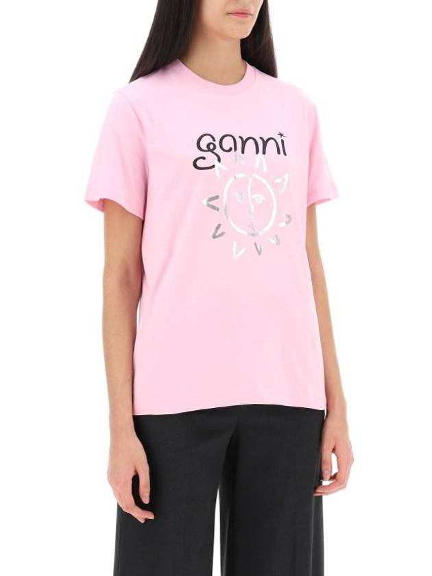 Logo Print Organic Cotton Short Sleeve T-Shirt Pink - GANNI - BALAAN 3