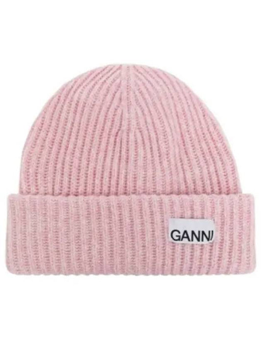 Logo Patch Knit Beanie Pink - GANNI - BALAAN 2