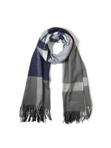 Large Checked Merino Wool Scarf Navy White - MULBERRY - BALAAN 1