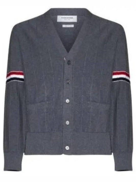 RWB V-neck Striped Virgin Wool Cardigan Grey - THOM BROWNE - BALAAN 2