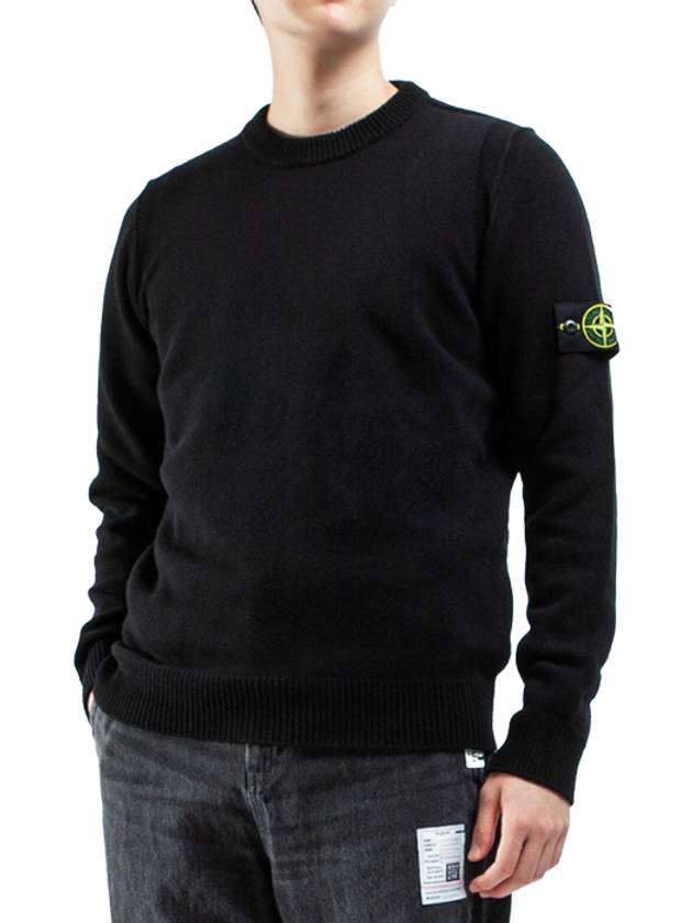 Logo Patch Lambswool Crewneck Knit Top Black - STONE ISLAND - BALAAN 2