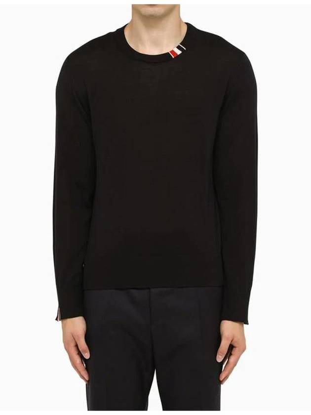 Intarsia Stitch Crew Neck Merino Wool Knit Top Navy - THOM BROWNE - BALAAN 4